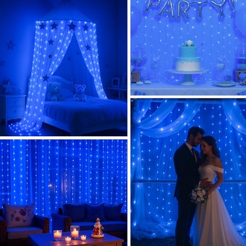 300 LED Fairy Curtain Lights, 9.8ft x 9.8ft Battery Operated Blue String Hanging Lights D9058