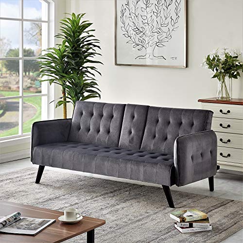 Blue Velvet Upholstered Futon Sofa Bed with Center Console and Cupholders F7599