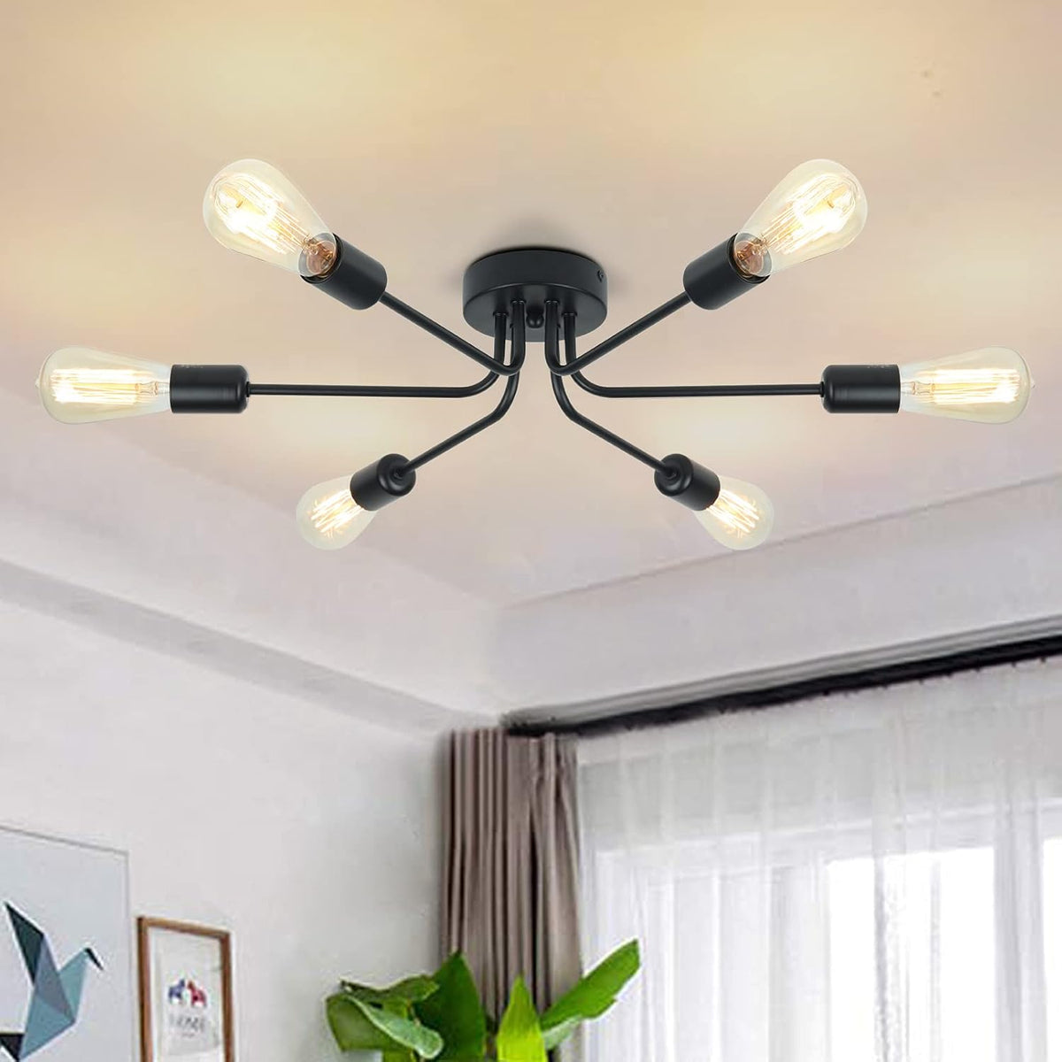 6 Light Matte Black Flush Mount Ceiling Light W6161