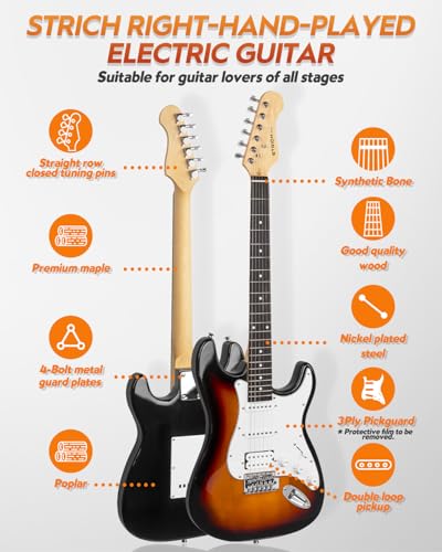 39" Full Size Electric Guitar HSS Pick Up with 10W Amp, Bag, Digital Tuner, Capo, Strap, String, Cable, Picks K40648