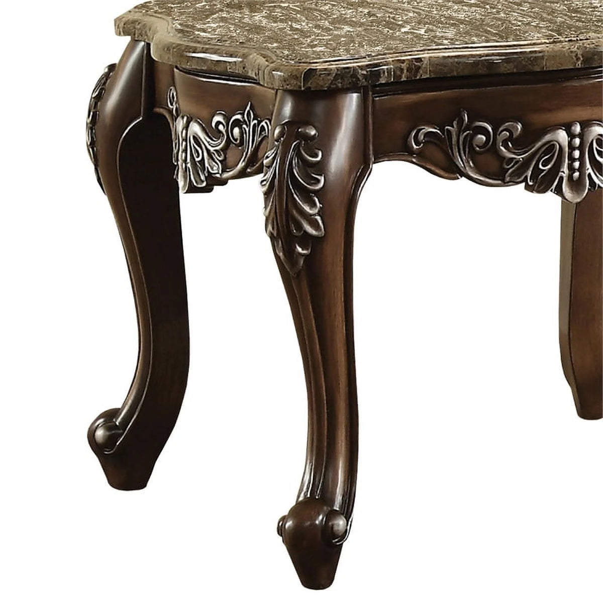 Antique Oak Brown Wooden End Table with Marble Top S4063