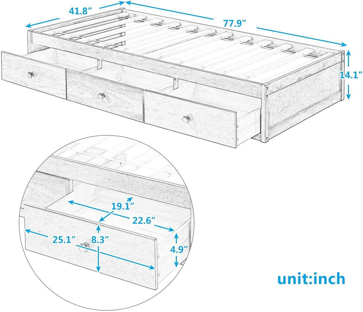 Twin Size Platform Bed Frame with Three Drawers P985