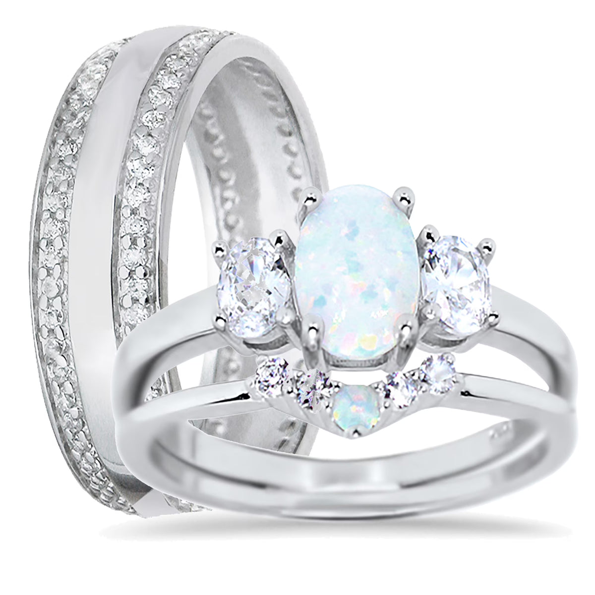 Sterling Silver Opal CZ Engagement Ring Set H1571