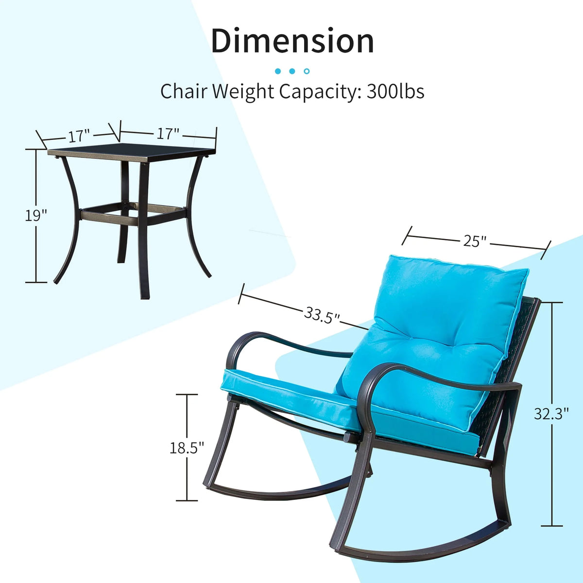3 Pieces Bistro Set Rocking Chairs Cushion Glass Top Table Blue H409066
