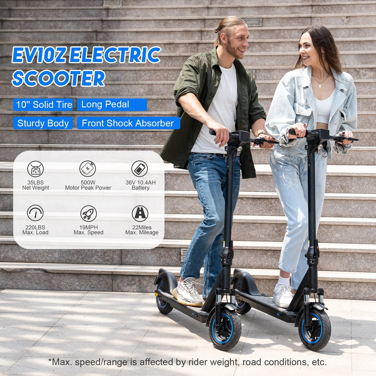 Electric Scooter with 10 Solid Tires, 500W Motor, 22 Miles Battery T420