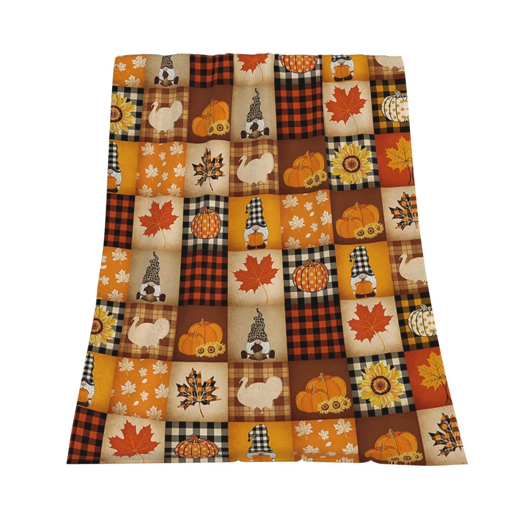 Pumpkin Turkey Maple Leaf Gnome Plaid Flannel Throw Blanket 50 X 40 Inch N640