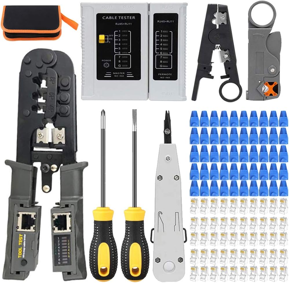 RJ45 Crimper Cat5/Cat5e/Cat6 Tool Set with 50PCS Connectors, 50PCS Covers Network Wire Stripper Kit (Dark) Pack of 2 L1048