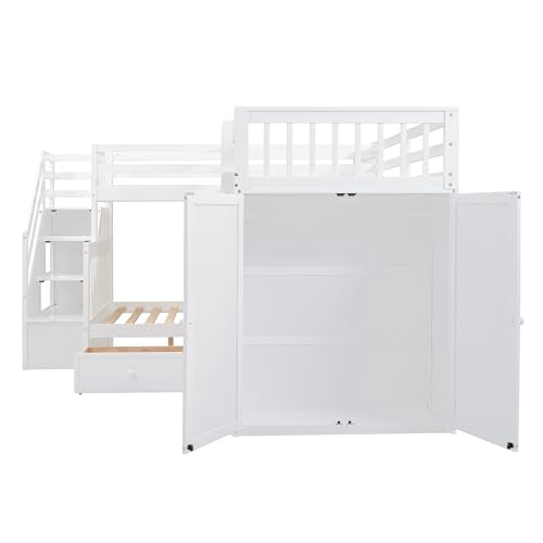 White L-Shaped Triple Bunk Bed with Desk & Stairs J774