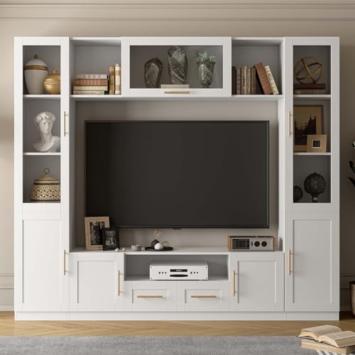 White TV Stand with Glass Doors & Shelves D429739