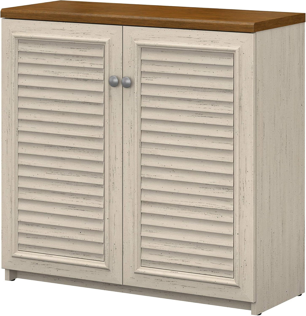 Antique White and Tea Maple Small Storage Cabinet with Doors V2550