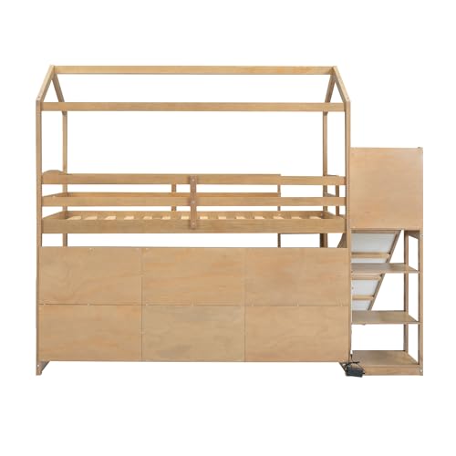 Twin Wood Loft Bed with Slide and Storage Shelves K311663
