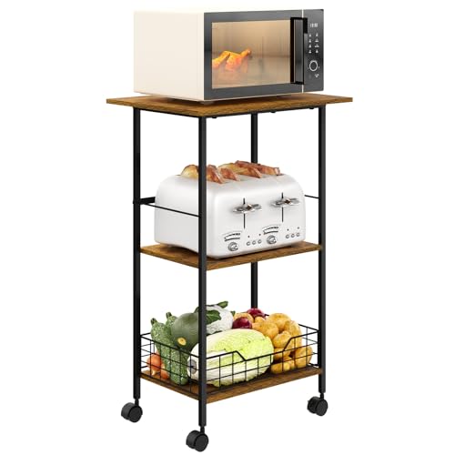 3-Tier Rolling Kitchen Stand with Wire Basket I304537