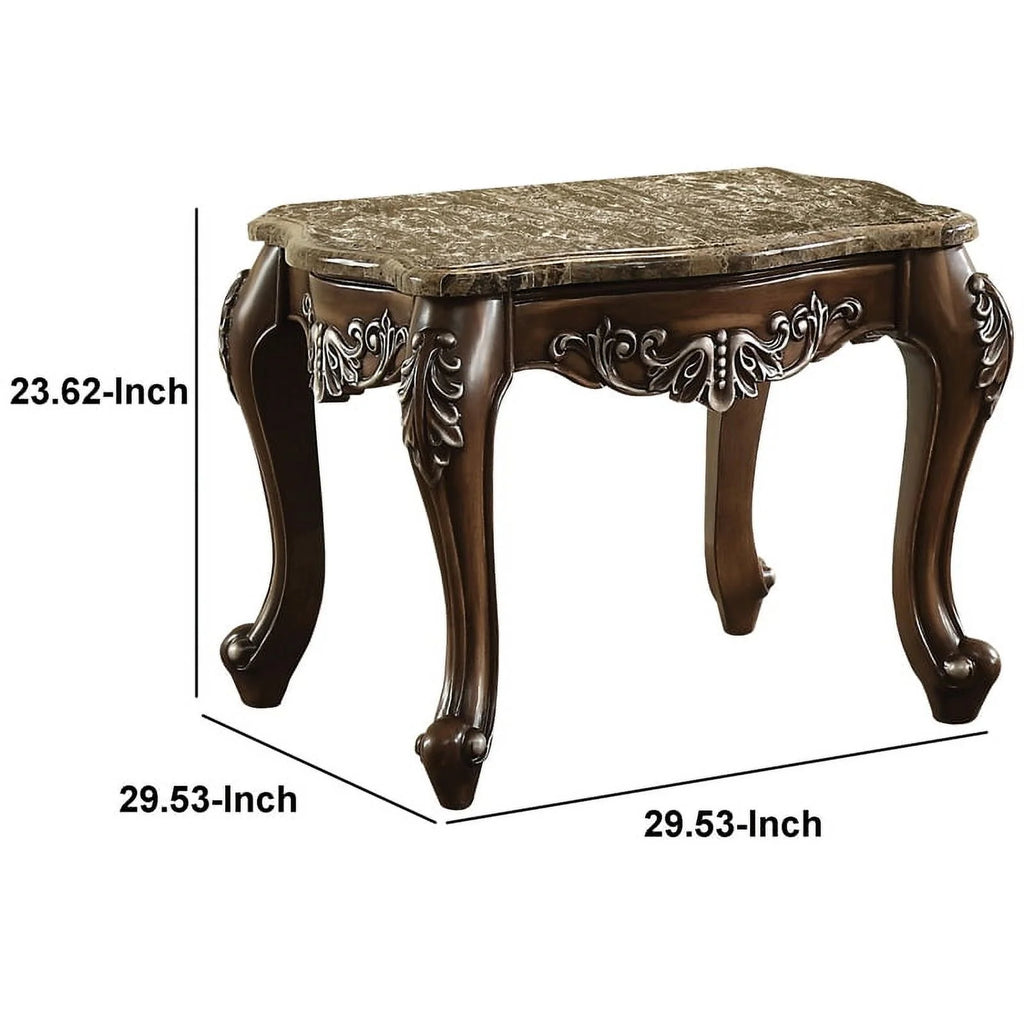 Antique Oak Brown Wooden End Table with Marble Top S4063