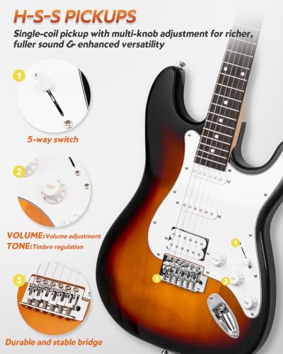 39" Full Size Electric Guitar HSS Pick Up with 10W Amp, Bag, Digital Tuner, Capo, Strap, String, Cable, Picks K40648