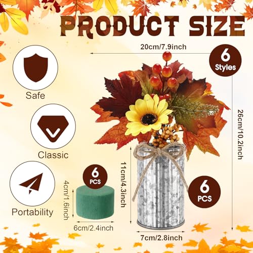 6 Pack Fall Faux Potted Plants Artificial Maple Leaf Picks in Metal Pots G1949