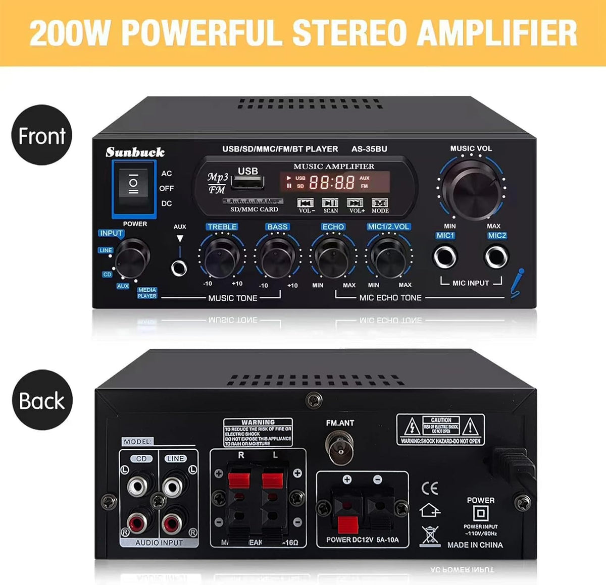 200W Dual Channel Wireless Bluetooth Stereo Amplifier Receiver M36143