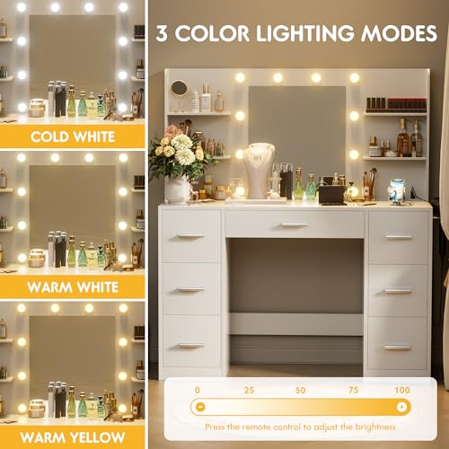 White Vanity Desk with LED Lighted Mirror and 7 Drawers C15420