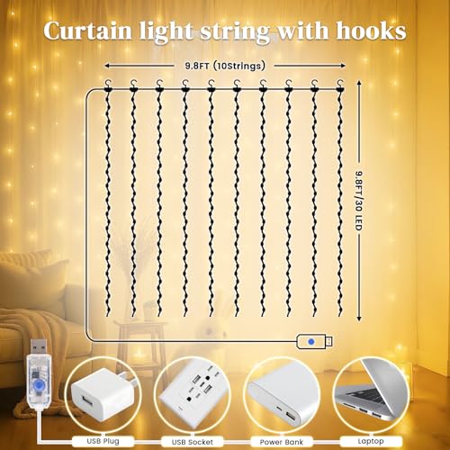 300 LED Fairy Curtain Lights, 9.8ft x 9.8ft Battery Operated Blue String Hanging Lights D9058