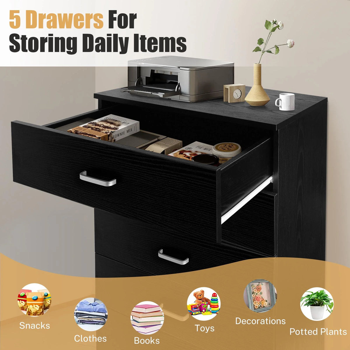 Black 5 Drawer Dresser V87286