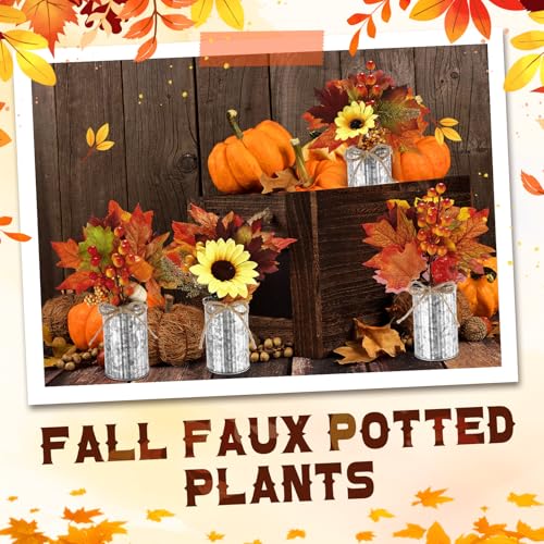 6 Pack Fall Faux Potted Plants Artificial Maple Leaf Picks in Metal Pots G1949
