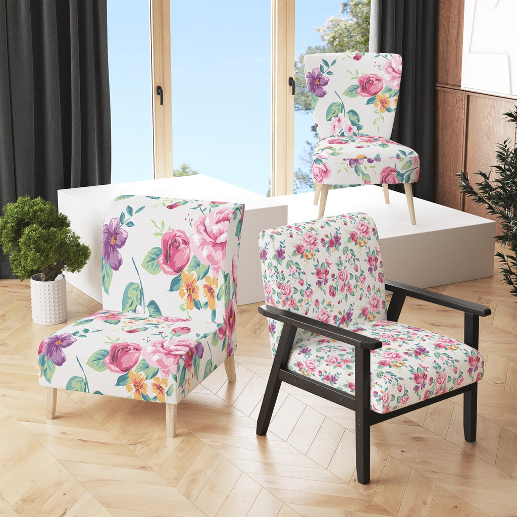 Vintage White And Pink Floral Pattern Upholstered Accent Chair T41362
