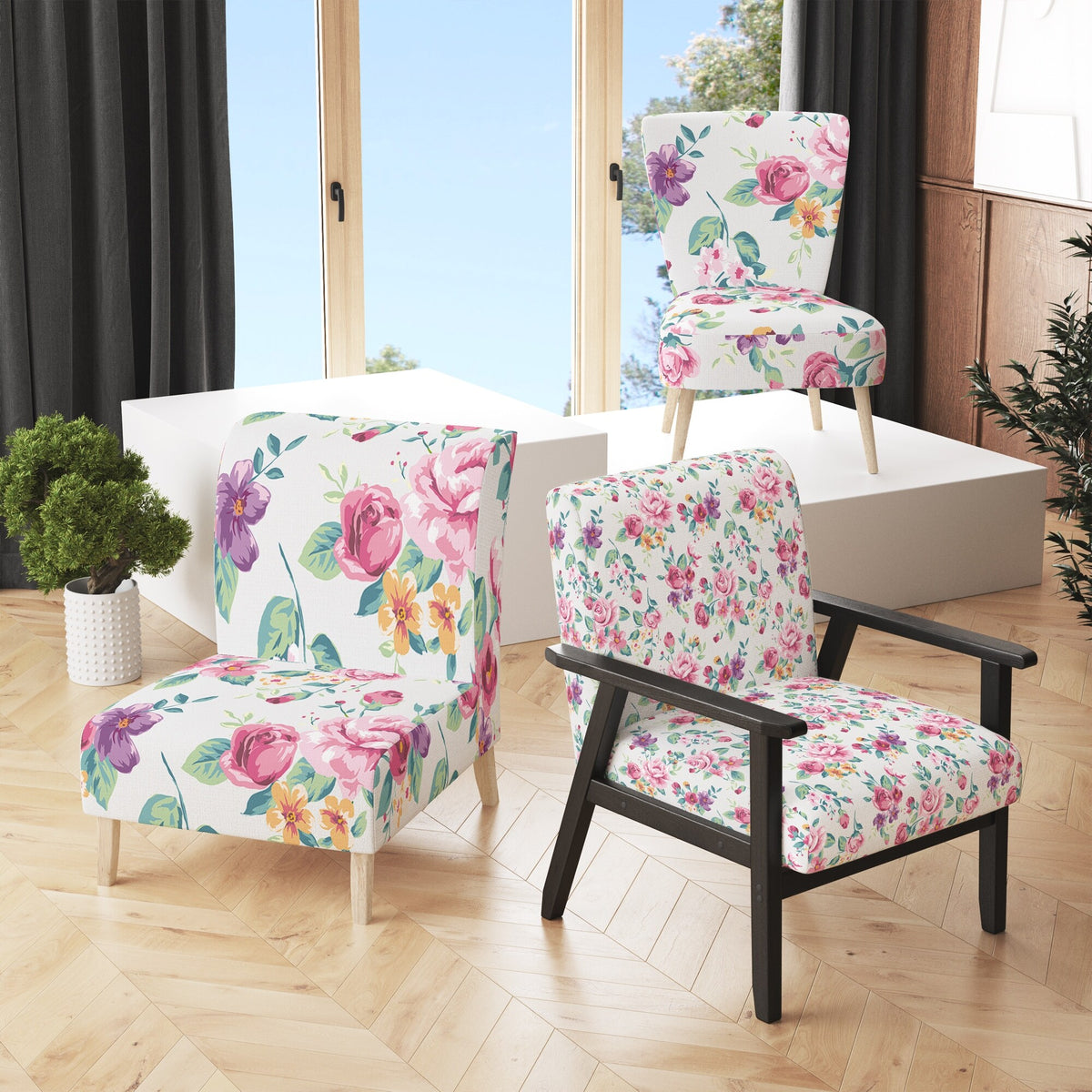 Vintage White And Pink Floral Pattern Upholstered Accent Chair T41362