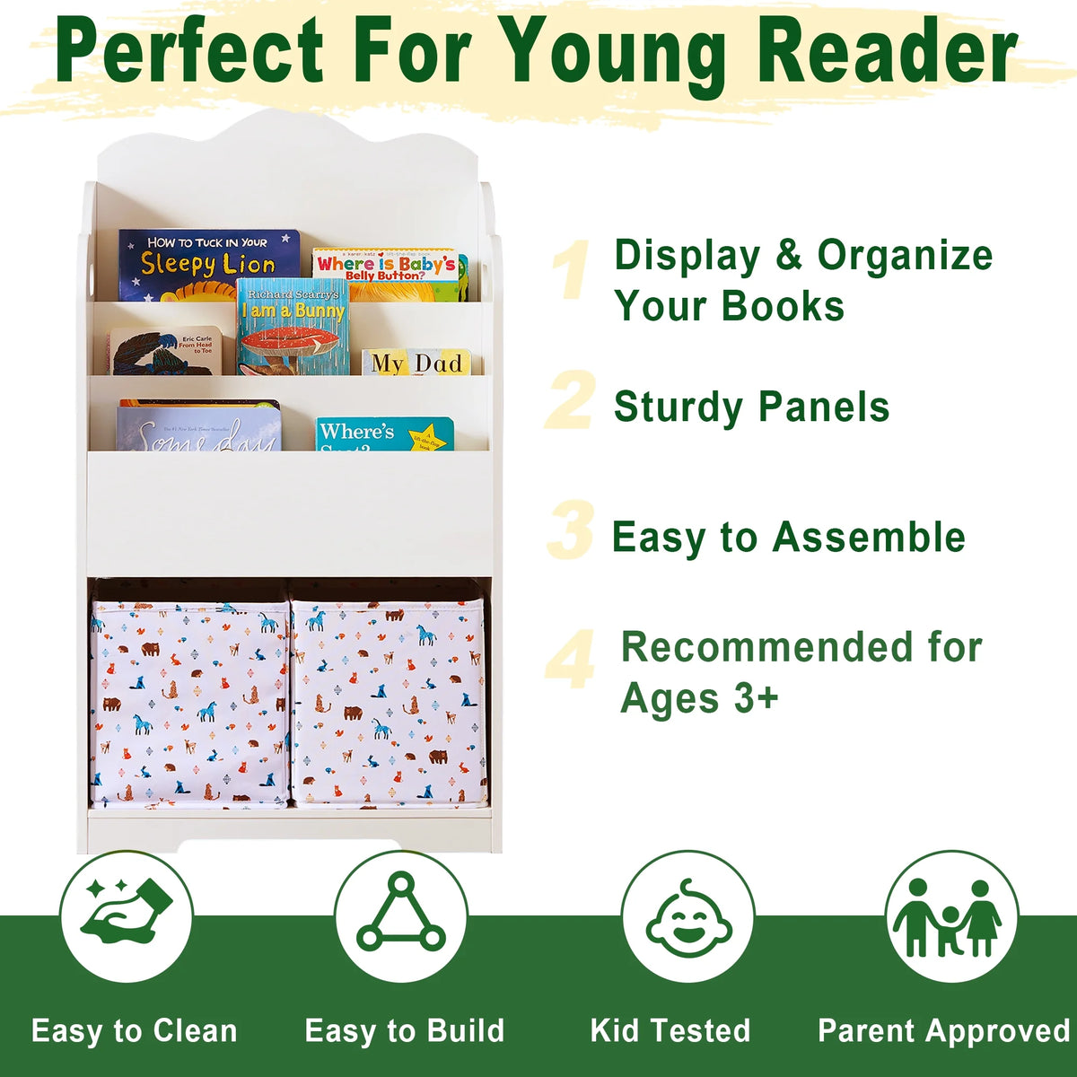 White Wood 4 Tier Kids Bookshelf with Toy Bin A796