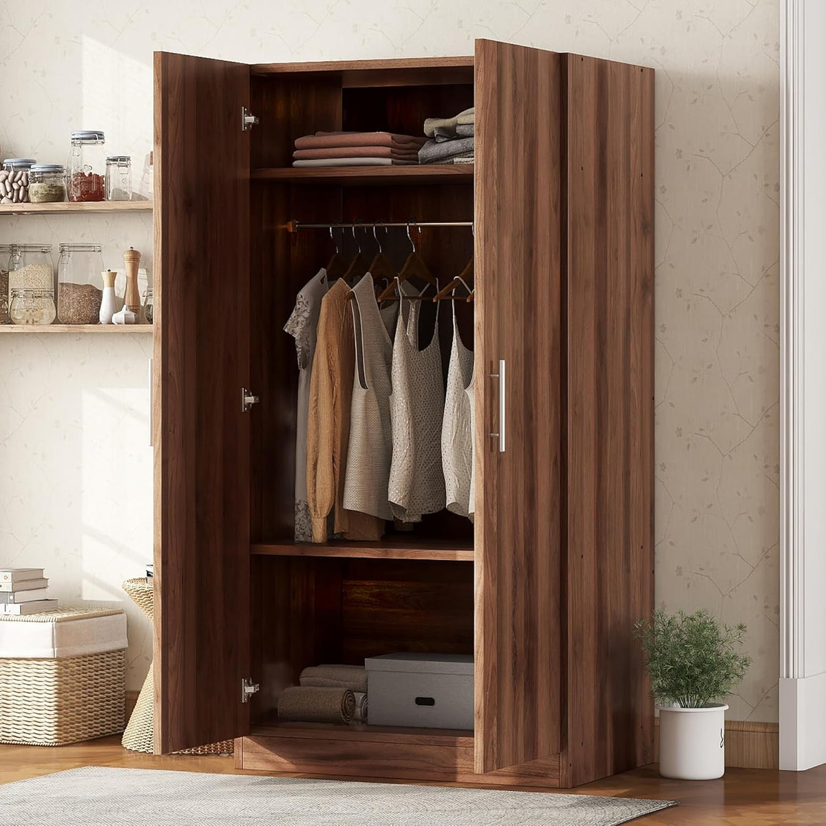 2-Door Wooden Wardrobe Armoire with 3 Storage Shelves H933