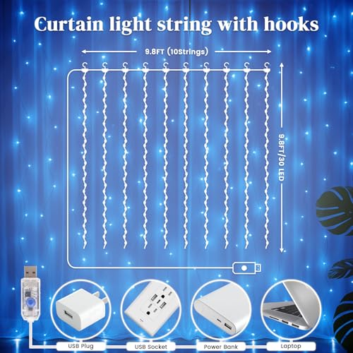 300 LED Fairy Curtain Lights, 9.8ft x 9.8ft Battery Operated Blue String Hanging Lights D9058