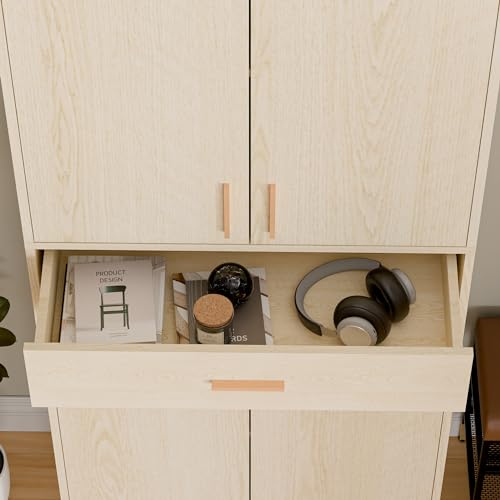 71" Tall 4 Doors Wood Freestanding Cupboard with Sliding Drawer and 2 Adjustable Shelves, Oak U940483