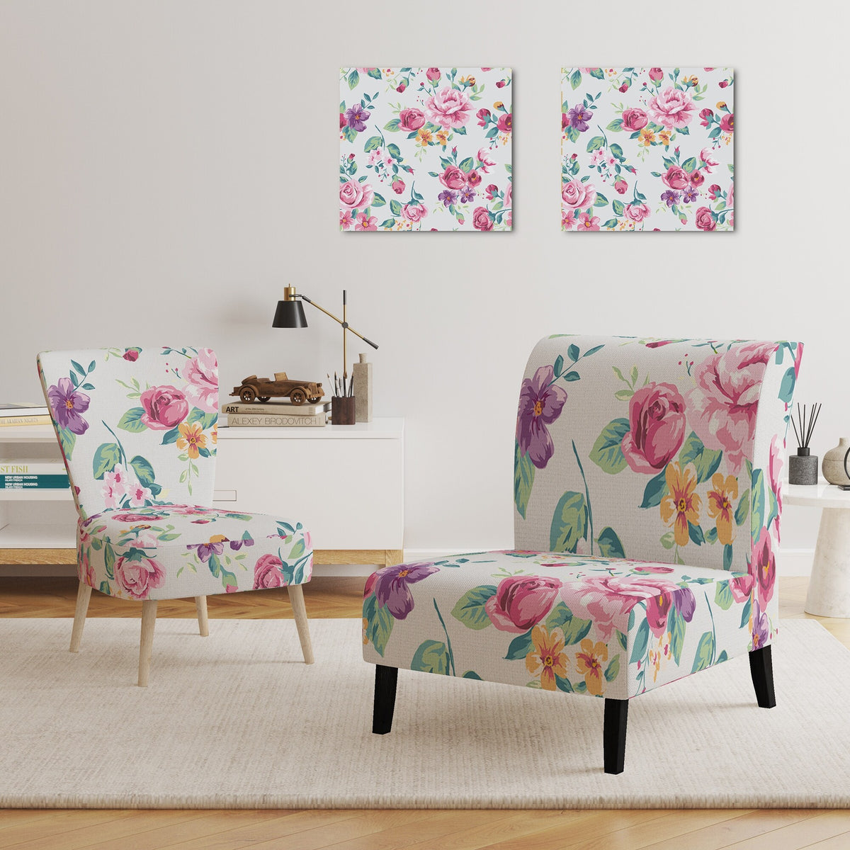 Vintage White And Pink Floral Pattern Upholstered Accent Chair T41362