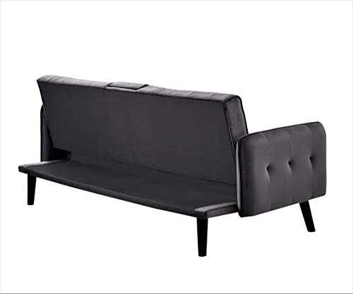 Blue Velvet Upholstered Futon Sofa Bed with Center Console and Cupholders F7599