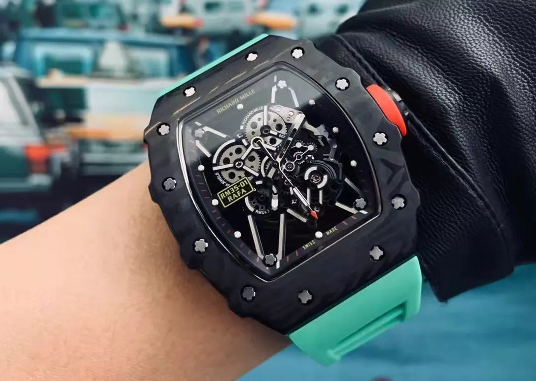 Black Bezel Red Markers Green Rubber Strap R1159
