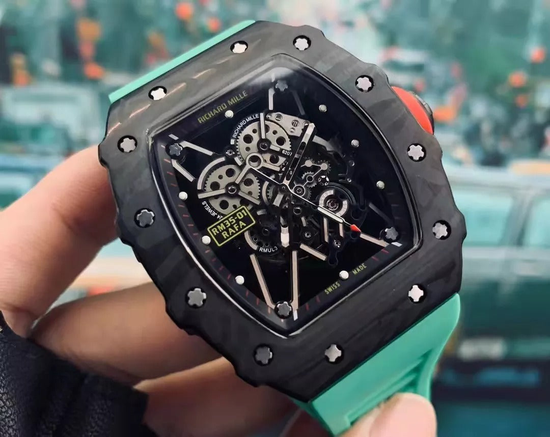 Black Bezel Red Markers Green Rubber Strap R1159