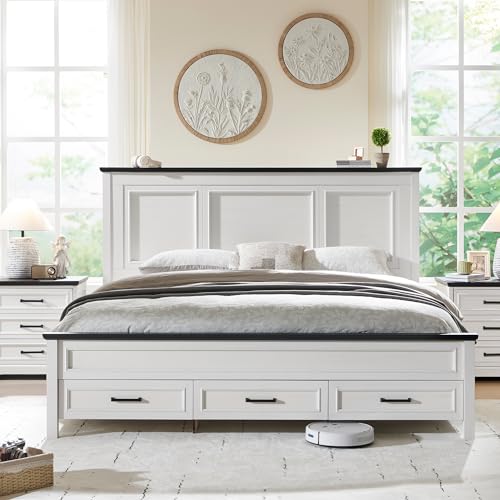 Full Size Bed Frame with Storage Drawers, Light Brown D578
