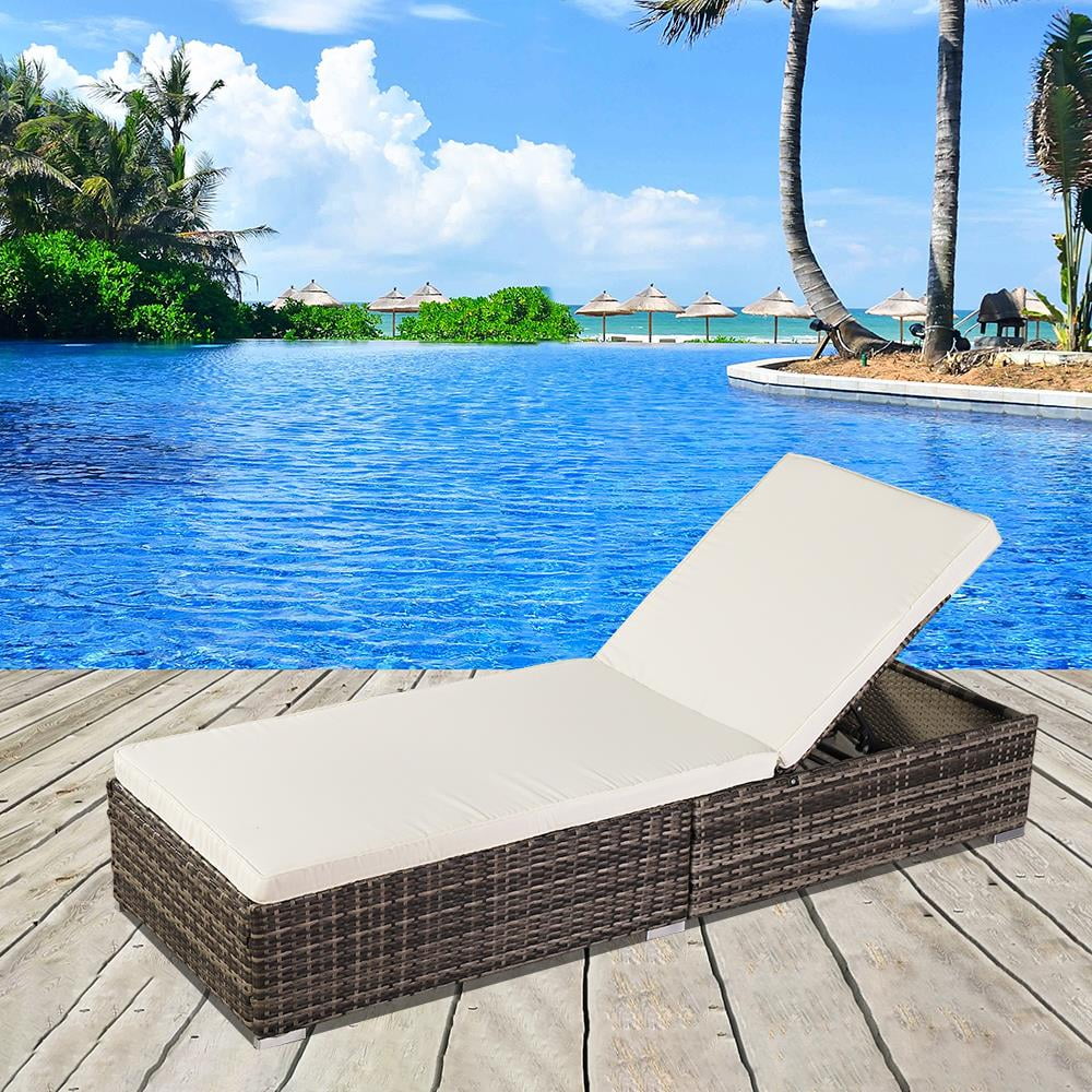 Adjustable Pool Chaise Lounge Chair PE Wicker with Cushion P473