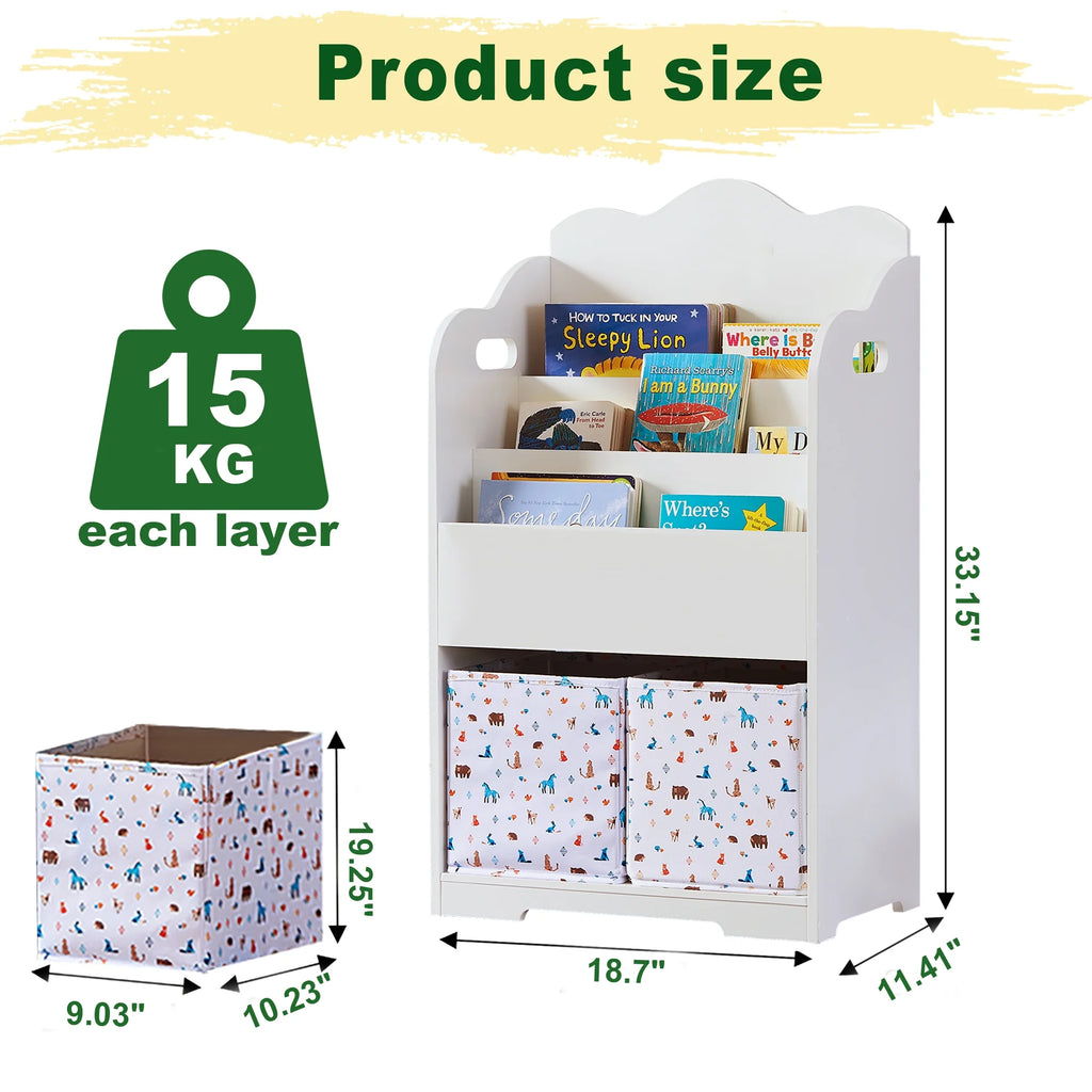 White Wood 4 Tier Kids Bookshelf with Toy Bin A796