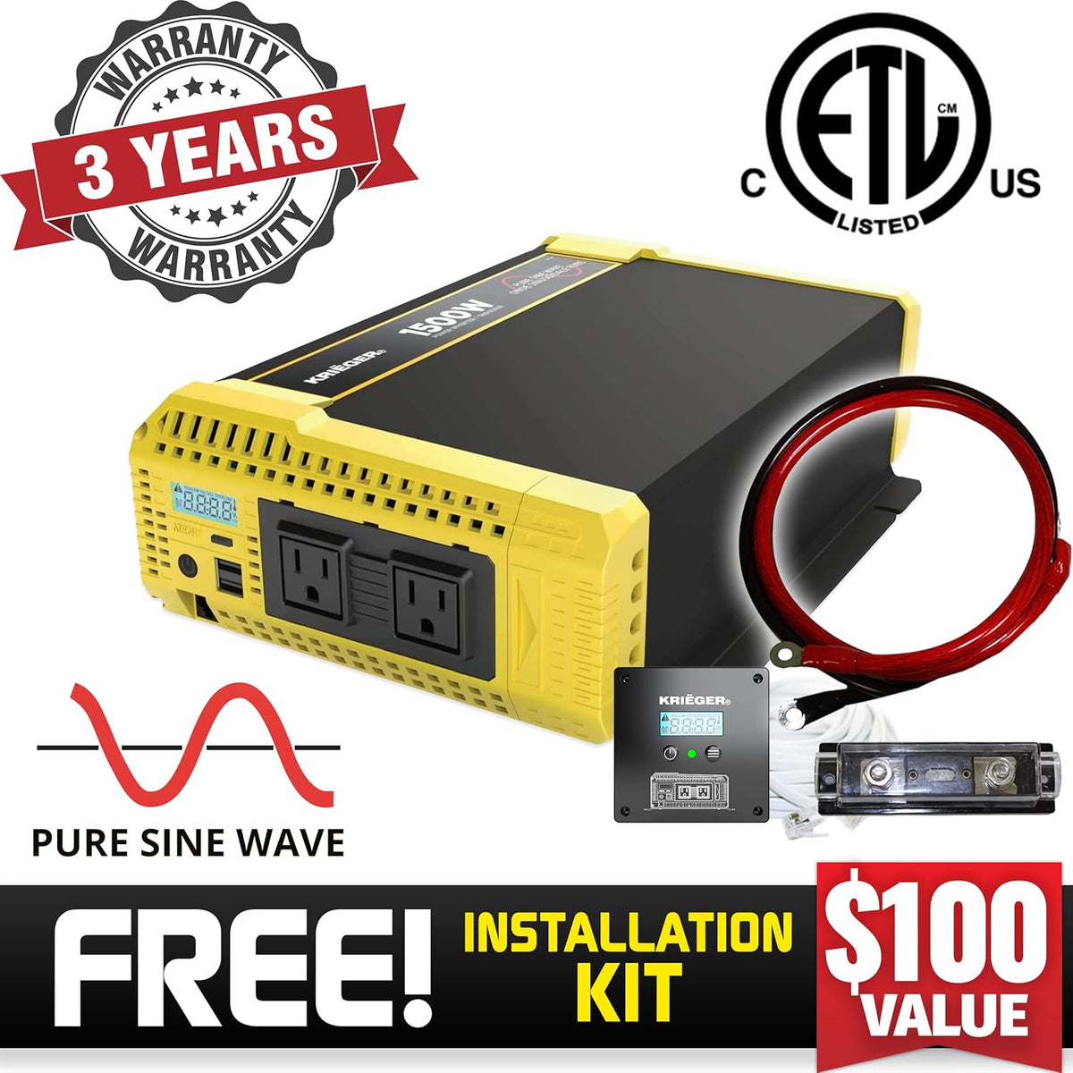 1500 Watt 12V Pure Sine Inverter with Dual AC Outlets & USB Z216