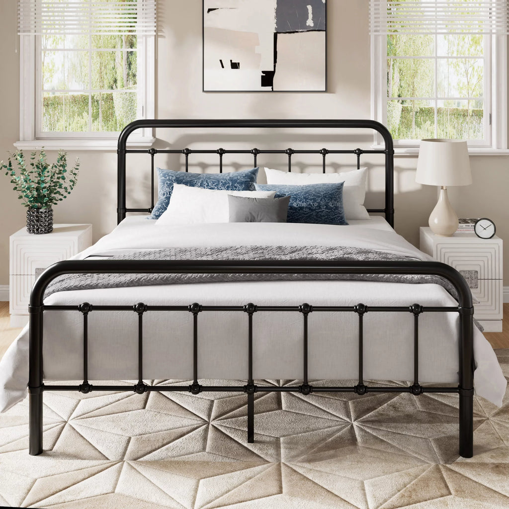 Queen Size Black Metal Platform Bed Frame with Headboard and Footboard J54567