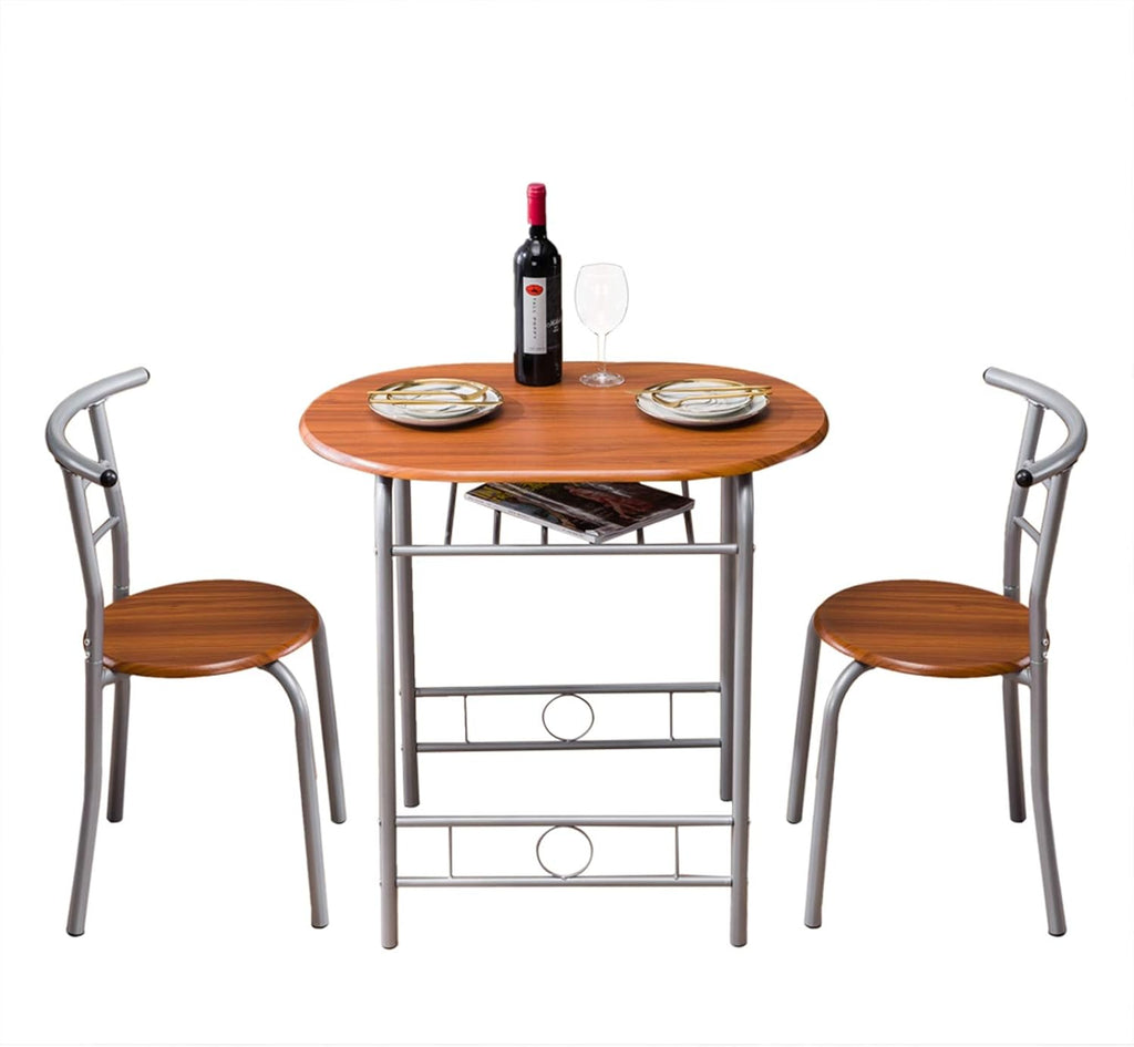 3-Piece Small Round Dining Table with Wine Storage Rack, Wood, Metal Frame, Brown G55672