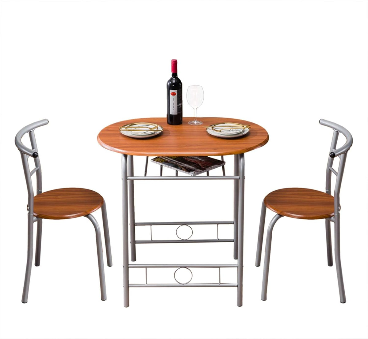 3-Piece Small Round Dining Table with Wine Storage Rack, Wood, Metal Frame, Brown G55672