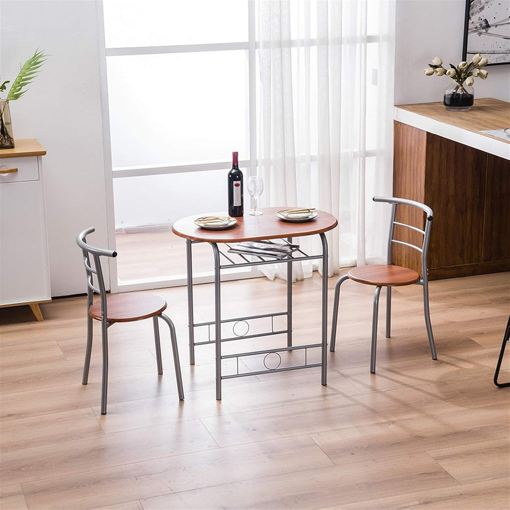 3-Piece Small Round Dining Table with Wine Storage Rack, Wood, Metal Frame, Brown G55672