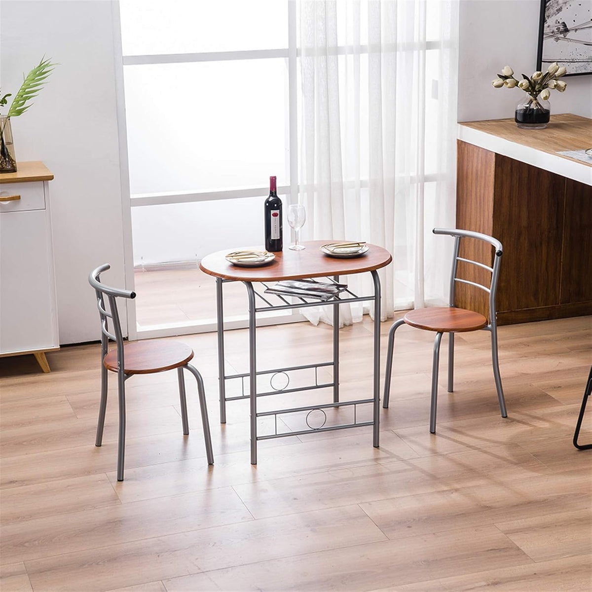 3-Piece Small Round Dining Table with Wine Storage Rack, Wood, Metal Frame, Brown G55672