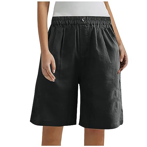 Women's Cotton Linen High Waisted Wide Leg Elastic Drawstring Shorts with Pockets T3249