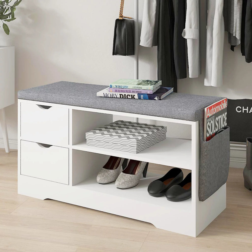 White 2-Tier Shoe Storage Bench with Drawer and Cushion U458