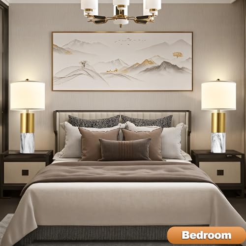 22" Faux Marble Table Lamps Set of 2 with Fabric Shades V8612