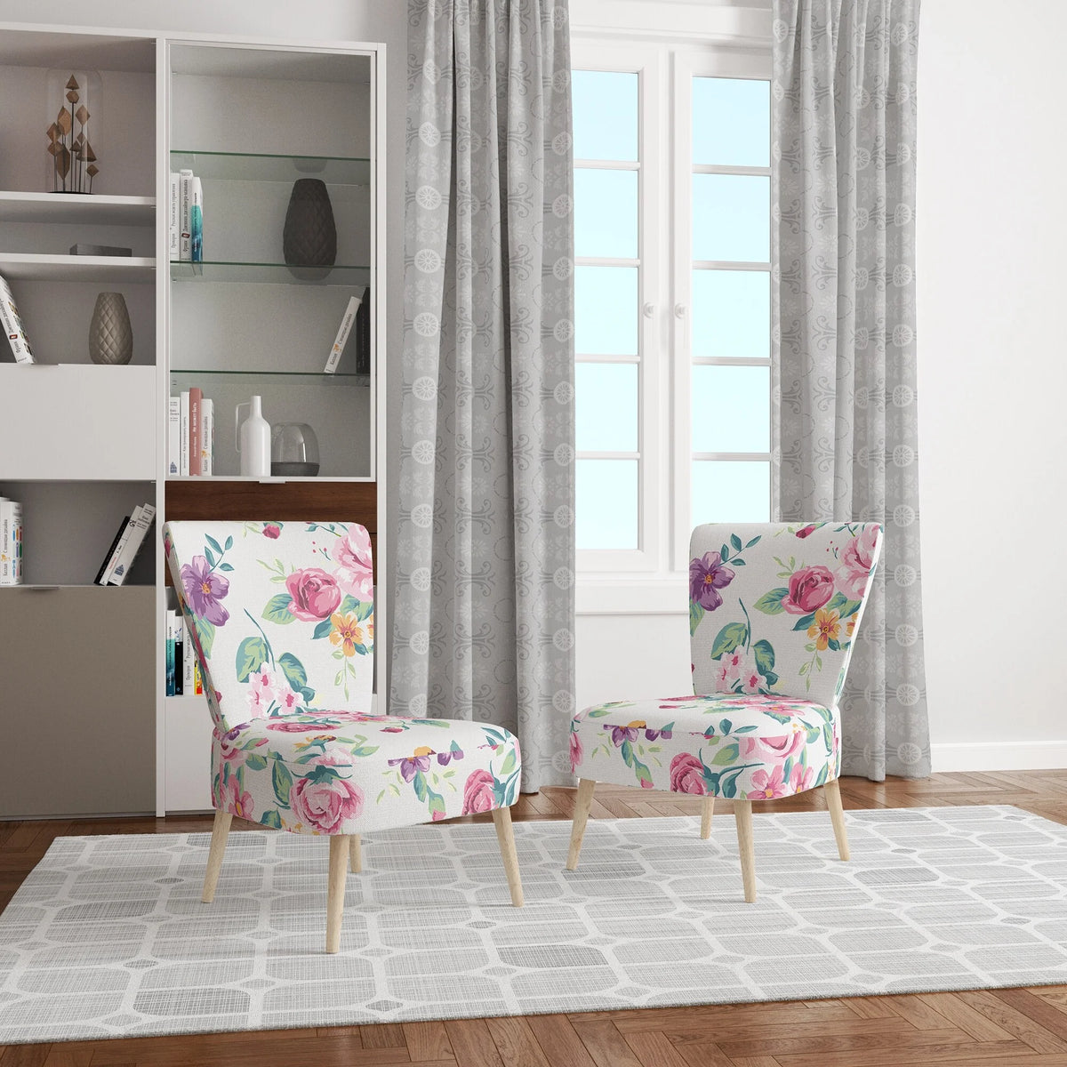 Vintage White And Pink Floral Pattern Upholstered Accent Chair T41362