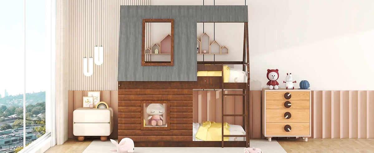 Wood Twin Size House Bunk Bed with Roof and Ladder M7639