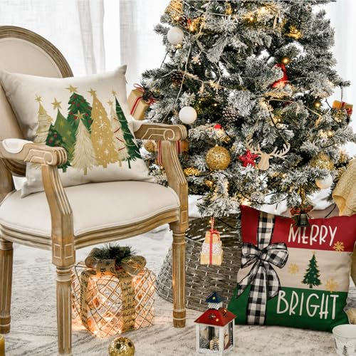 Merry Bright Christmas Trees Throw Pillow Covers, 18 x 18 Inch Set of 4 D3675