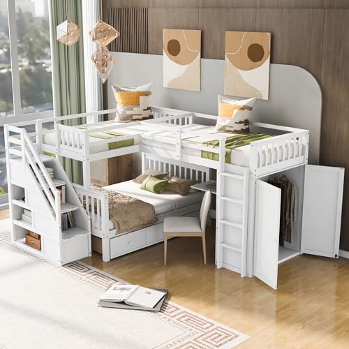 White L-Shaped Triple Bunk Bed with Desk & Stairs J774